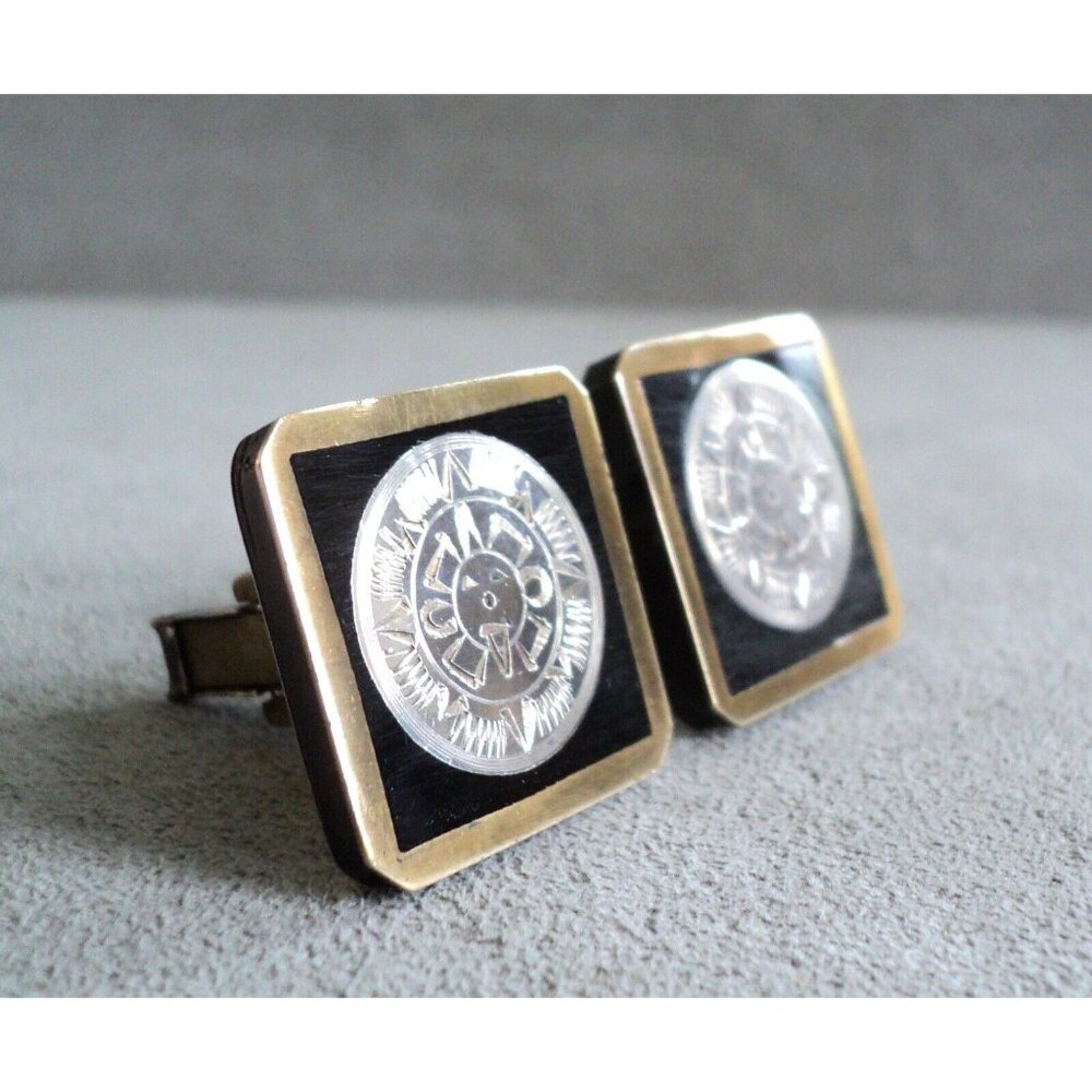 MCM STERLING Silver BRASS & Black Big SQUARE CUFFLINKS Signed VS MEXICO Sun Face